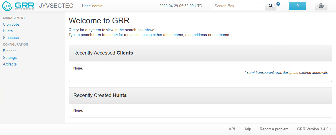 The front page of the GRR web-based user interface.