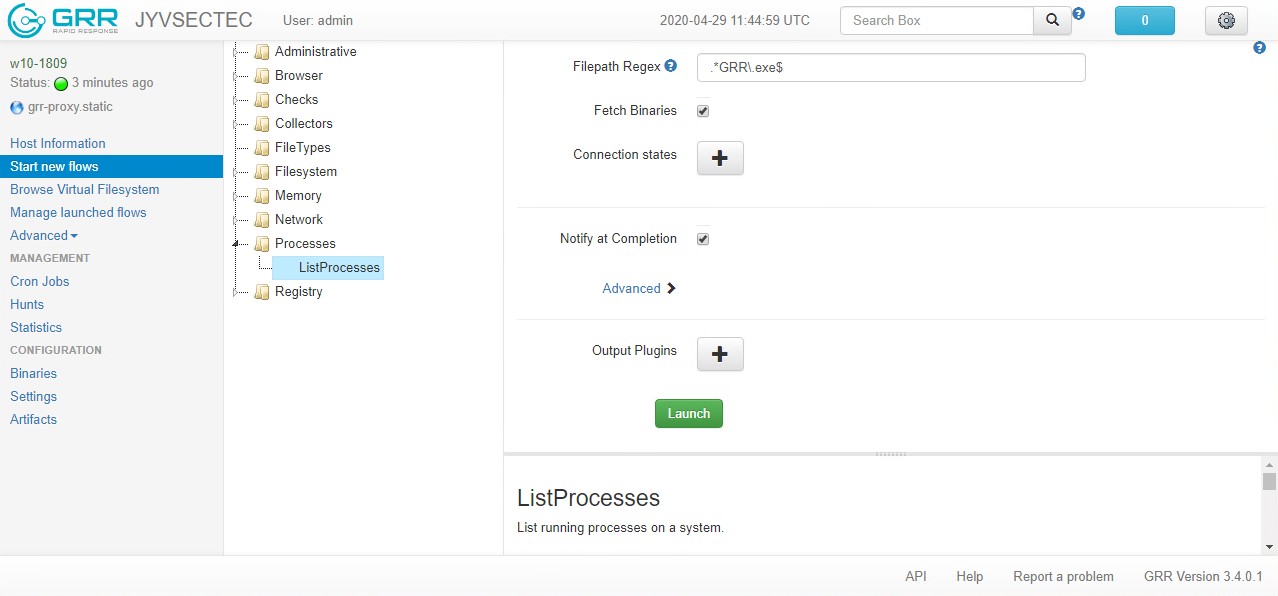 How to construct a ListProcesses flow on the web-based user interface.