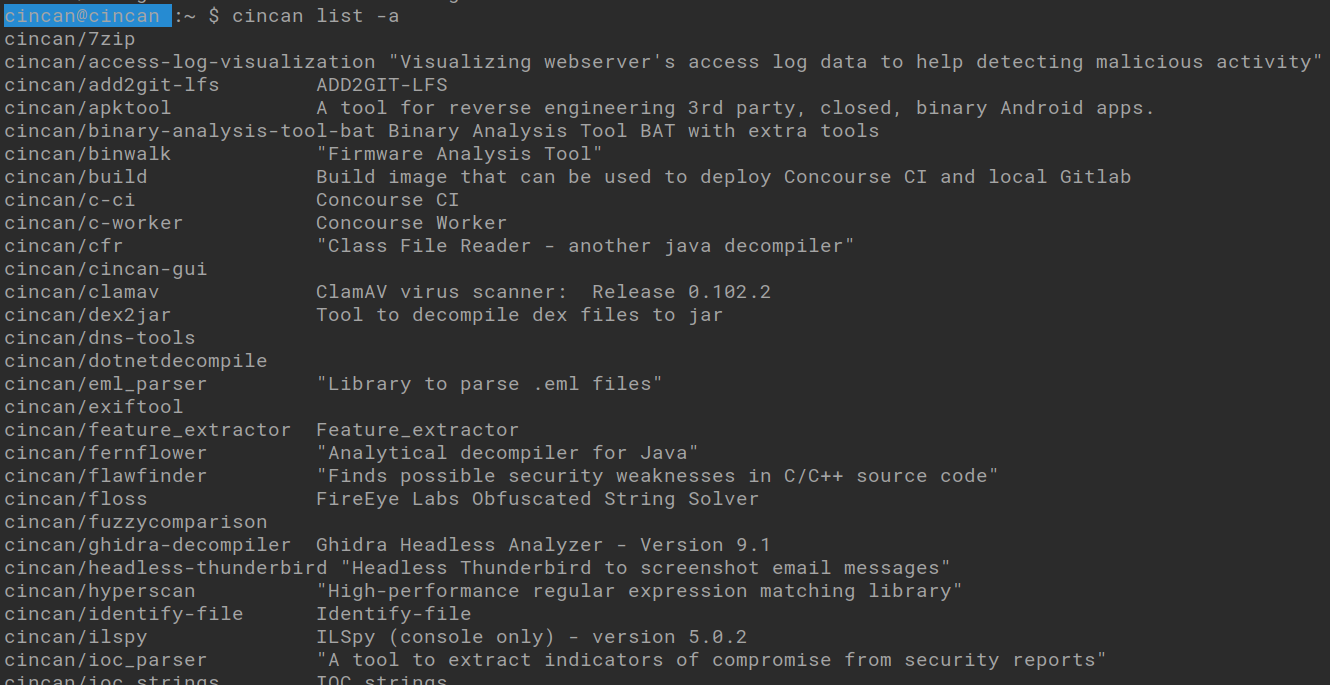 cincan list -a -command shows all available cincan-tools