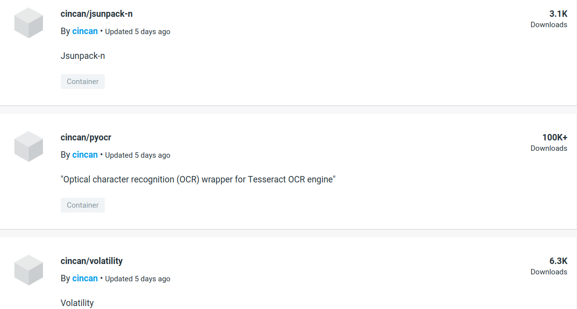 Some cincan tools listed in the Docker hub. The cincan/pyocr tool has over 100K downloads.