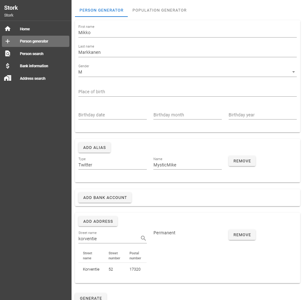 Generating a person in Stork user interface