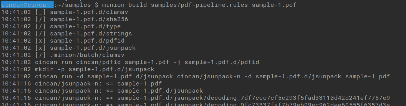 minion build samples/pdf-pipeline.rules sample-1.pdf -command analyzes pdf files with several tools together